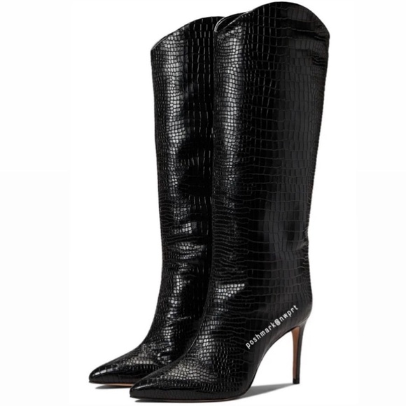 Schutz Maryana Black Croc Print High Heel Boots 37 7 Maryanna Faux Crocodile - Picture 4 of 17